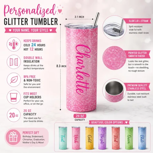 Miniatura 7 de Vaso personalizado con tapa y pajilla, vasos personalizados de acero inoxidable de 20 onzas, regalos personalizados, vaso aislado de doble pared