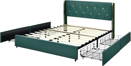 Miniatura 8 de Giantex Base de cama tapizada con 4 cajones, cama de piel sintética de tamaño matrimonial, marco de cama resistente sin ruido, fácil montaje, sin