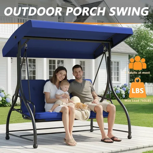 Miniatura 4 de Cama columpio para porche de 3 asientos con toldo ajustable y cojines extraíbles, marco de acero resistente, columpio para patio al aire libre, Azul