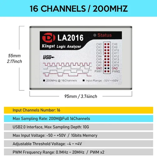 Miniatura 2 de Analizador Lógico USB LA2016 16 Canales 200MHz 1G Memoria con Software PC en Inglés Portátil de Alta Velocidad Soporta I2C SPI CAN UART para Windows