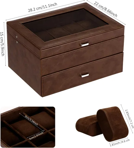 Miniatura 7 de BEWISHOME Caja organizadora de relojes para hombre, estuche de lujo para reloj, 20 ranuras, de piel sintética, con parte superior de cristal real