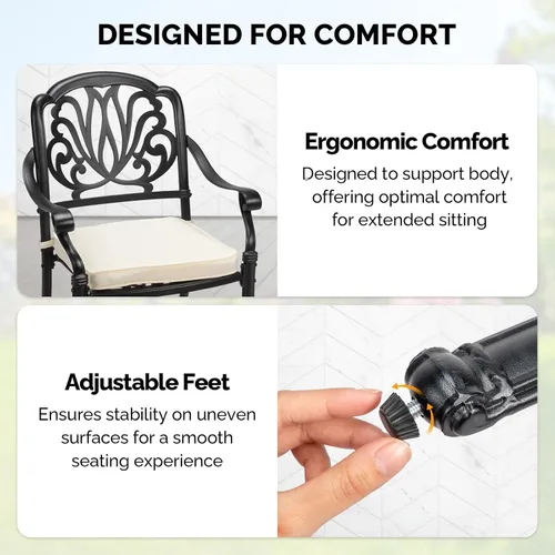 Miniatura 6 de VINGLI Juego de 2 sillas de patio apilables de aluminio fundido para exteriores con acabado negro vintage y patrón floral, sillones de metal