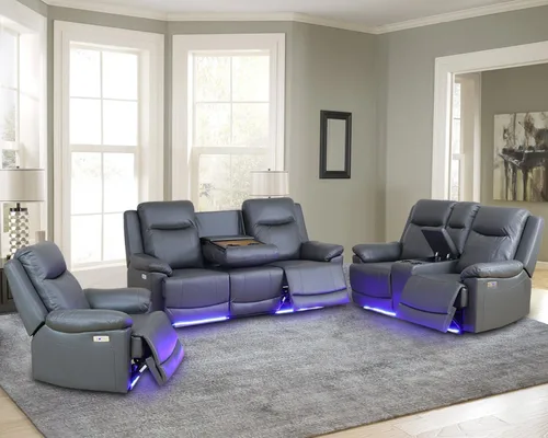 Miniatura 6 de Air Leather - Juego de sofá reclinable eléctrico con LED, juegos de muebles de sala de estar, juego de sofá reclinable eléctrico con puertos USB