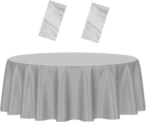 Miniatura 9 de HEIPINIUYE - Paquete de 2 manteles redondos de 84 pulgadas de plástico beige, manteles de mesa impermeables desechables para redondas, ideales