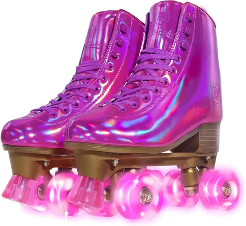 Miniatura 8 de JajaHoho Patines de ruedas para mujer, piel sintética holográfica magenta de alta calidad, patines de doble fila brillantes con cuatro ruedas rosa
