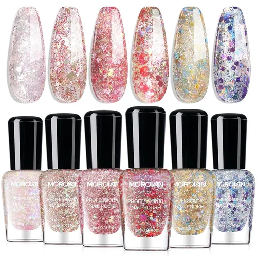 Miniatura 10 de Morovan - Juego de esmalte de uñas camaleón: 6 colores, holográfico, de secado rápido, mini kit de laca de uñas con purpurina verde, rosa, azul