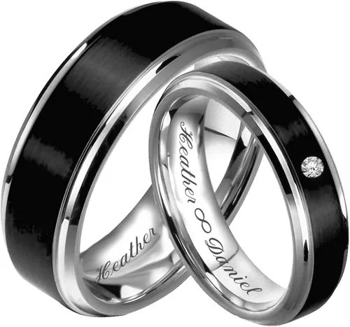 Miniatura 2 de Anillo de pareja de acero inoxidable personalizado con corte biselado negro y plata de dos tonos grabado personalizado gratis - Ships from USA