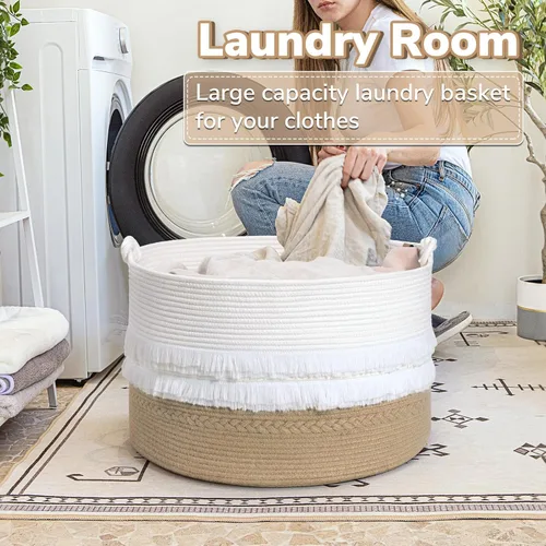 Miniatura 5 de CherryNow Cesta grande de mimbre para lavandería, entrada, dormitorio, cestas decorativas de yute para ropa, juguetes, cesta de toalla para baño, 22