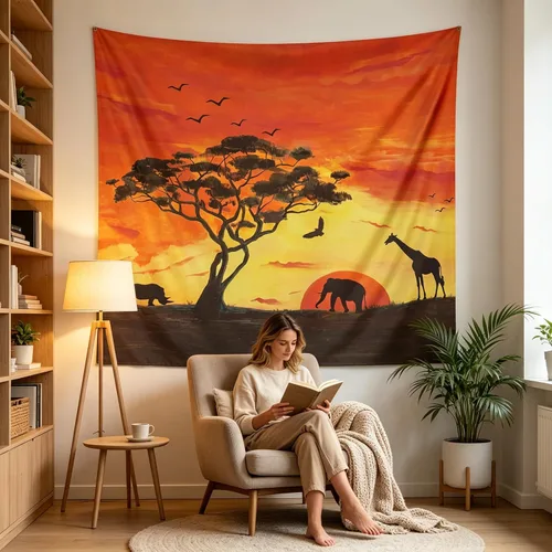 Miniatura 7 de BROSHAN Tapiz de animales pequeños, pintados a mano con diseño de safari africano, elefante, árbol, silueta de árbol, tapices de tela para colgar