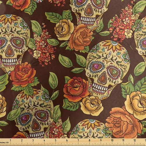 Miniatura 101 de Ambesonne The Yard, tela de calavera colorida con temática de Halloween, diseño de calavera y huesos cruzados, divertido estampado de dibujos