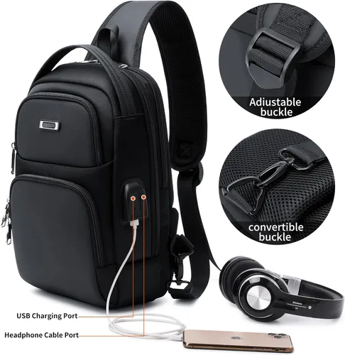 Miniatura 4 de DUSLANG Mochilas cruzadas de senderismo para hombres, mochila de hombro con puerto de cargador USB, Negro-b, Mediana, Mochilas Sling