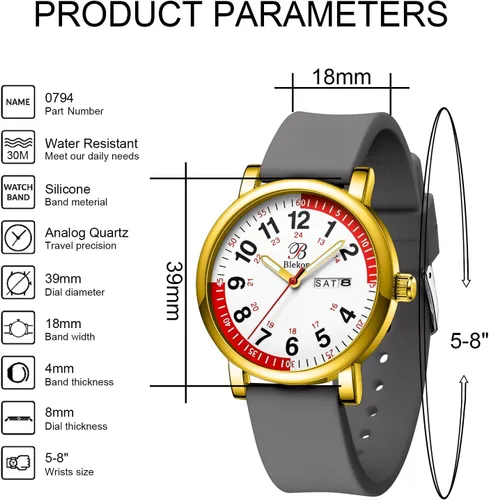 Miniatura 2 de Pulsometer Nurse Watch with Secondhand – Scrub Matching Band Colors for Medical Professionals – Super Easy to Read Dial w/Day and Date Indicator