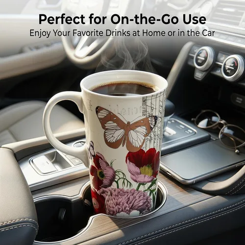 Miniatura 6 de Topadorn Taza de café de cerámica de 17 onzas con tapa y caja de regalo para viaje, Flor Roja y Mariposa Botanical Gardens