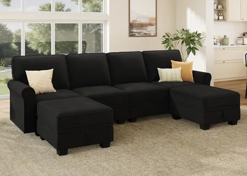 Miniatura 7 de HONBAY Sofá modular convertible con almacenamiento en forma de U con diván reversible para sala de estar, negro medio negro (Mid Black)
