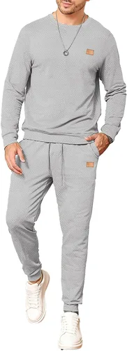 Miniatura 5 de JMIERR Conjunto de 2 piezas para hombre con cuello redondo, sudadera de jacquard y pantalones deportivos