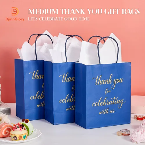Miniatura 4 de DjinnGlory Paquete de 50 bolsas de regalo de papel de bienvenida de tamaño mediano color azul marino de 10 x 8 x 4 pulgadas, bolsas