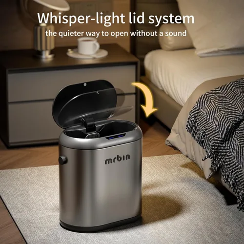 Miniatura 6 de MRBIN Cubo de basura de metal de absorción automática para baño, cubo de basura sin contacto con tapa, bote de basura delgado de 3.2 galones