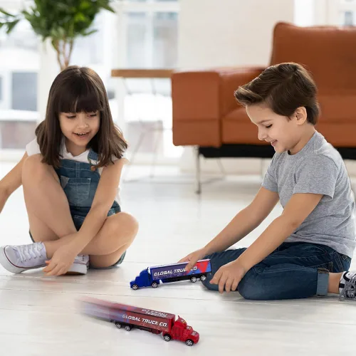 Miniatura 6 de ArtCreativity Juguetes semirremolques para niños, juego de 2, camiones de juguete para niños en rojo y azul, camiones de remolque para horas