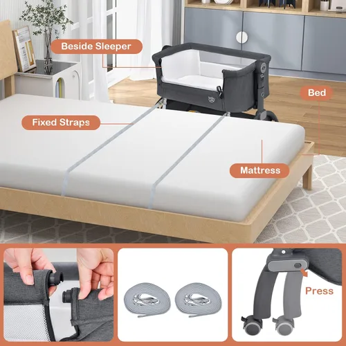Miniatura 5 de BABY JOY Cuna de bebé, Cuna mecedora 3 en 1 con cesta de almacenamiento, diseño de doble bloqueo, 7 alturas ajustables, colchón suave y bolsa de Gris