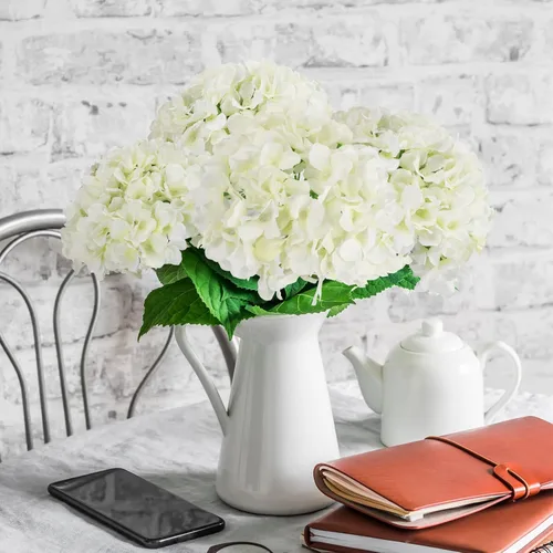 Miniatura 7 de JPSOR 40 cabezas artificiales de seda de hortensias con tallos, flores falsas para el día de la madre, boda, centro de mesa, hogar, jardín, Blanco