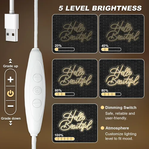 Miniatura 4 de LooKLight Letrero de neón con texto en inglés «Hello Beautiul», color blanco cálido, letras de neón para decoración de pared, letreros de luz LED