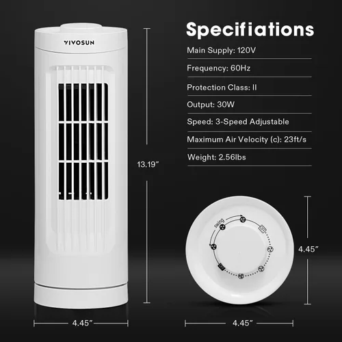 Miniatura 7 de VIVOSUN Ventilador de torre de 13 pulgadas, ventilador de escritorio sin aspas con 3 velocidades y oscilación de 70°, portátil y compacto