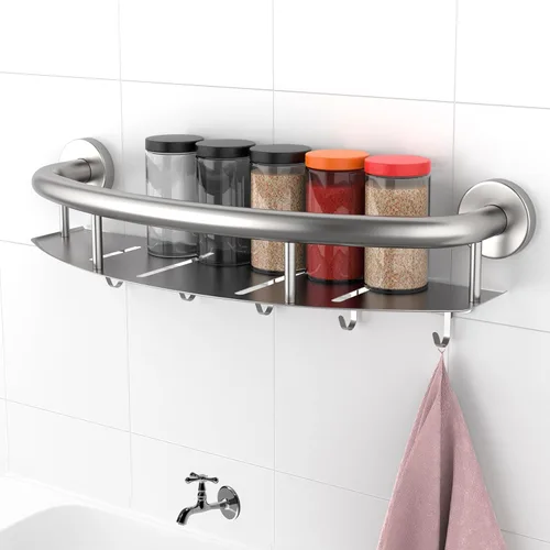 Miniatura 6 de Barra de seguridad de níquel cepillado de 18 pulgadas con estante de almacenamiento para bañera o ducha, orificios de drenaje, acero inoxidable