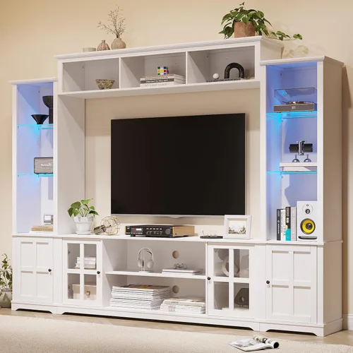 MEISSALIVVE Mueble de pared con almacenamiento y luces LED, gran centro de entretenimiento con estanterías para televisores de hasta 70 pulgadas,