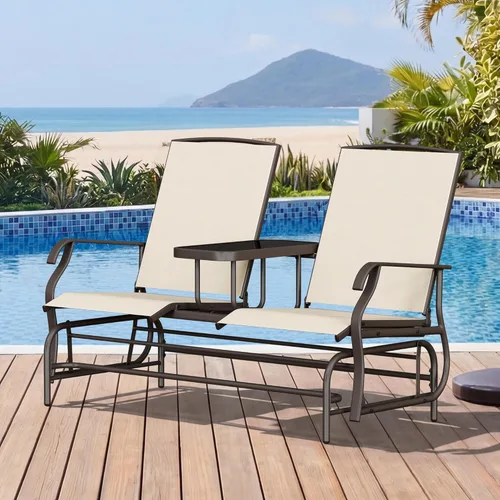 Miniatura 6 de Yaheetech Planeador de 2 asientos para exteriores con mesa central, sofá biplaza mecedora para patio con marco de metal resistente de malla Beige