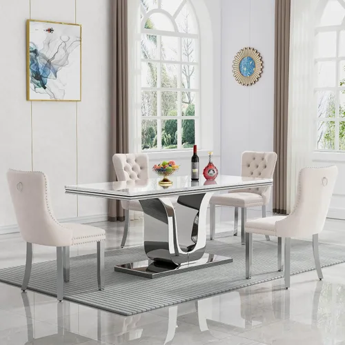 Miniatura 21 de Juego de mesa de comedor de mármol de lujo de 70 pulgadas para 4, juegos de mesa de cocina blanco y dorado para 4, mesa de comedor moderna de mármol