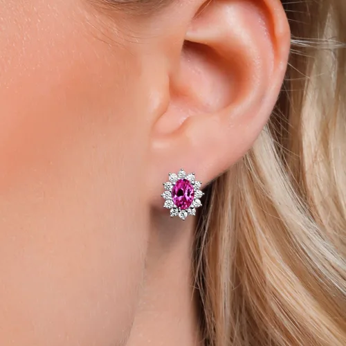 Miniatura 269 de Gem Stone King Aretes ovalados de plata de ley 925 de 0.276 x 0.197 in con piedra natal de la princesa Diana, estilo halo real para mujeres