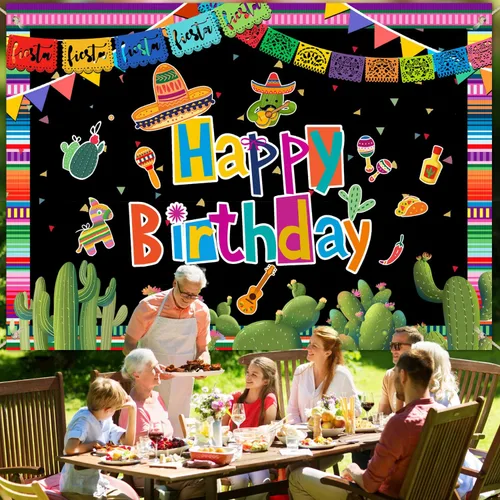 Miniatura 4 de Telón de fondo de fiesta mexicana de 6 x 3.6 pies, feliz cumpleaños, fiesta, cinco de mayo, decoraciones de fiesta de carnaval, colorido fondo