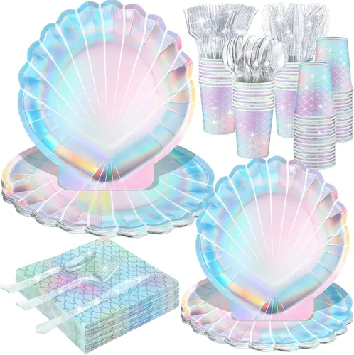 Miniatura 9 de 144 piezas de suministros para fiesta de sirenas, decoraciones temáticas de sirenas, juego de vajilla para fiesta bajo el mar, incluye platos