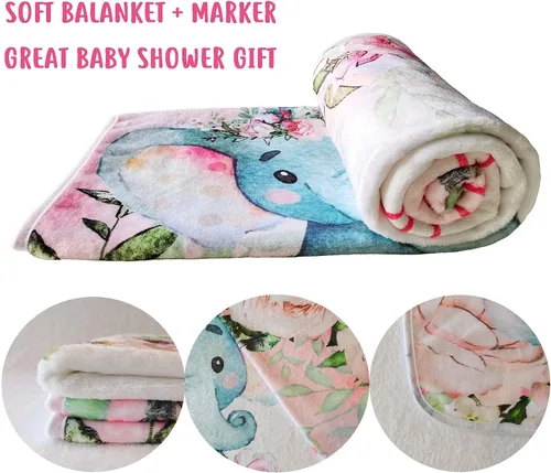 Miniatura 5 de Yuzioey - Manta mensual de hitos para bebé, manta de mes de elefante floral para baby shower, manta de flores de elefante rosa, manta mensual