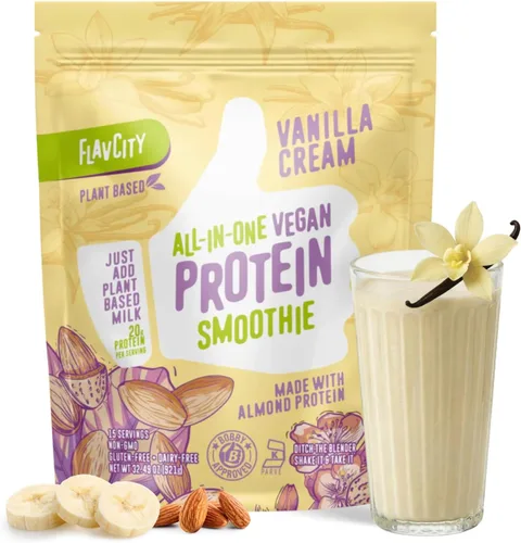 FlavCity Todo en Uno Proteína Vegana en Polvo para Batido, Vainilla - Batido de Reemplazo de Comida Pre-Entrenamiento a Base de Plantas para Mujeres