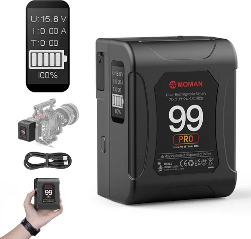 Moman V-Mount Batería, Power 99 Cámara mejor Mini V Lock Baterías 99Wh/6900mAh con botón táctil y pantalla LED para Smallrig BMPCC 4k 6k Cámara