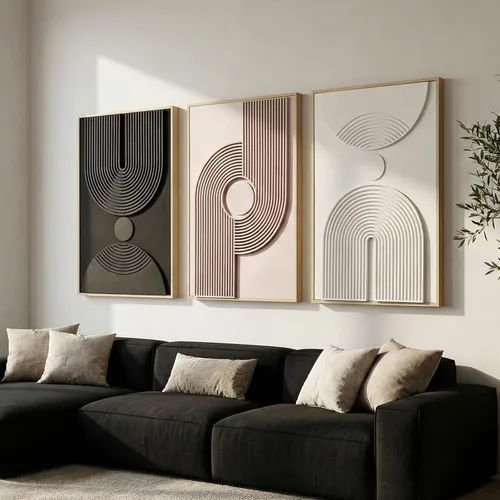 Miniatura 10 de Arte de pared abstracto texturizado 3D para dormitorio, 3 piezas de escultura moderna con marco neutro, pinturas cubistas geométricas de tono tierra