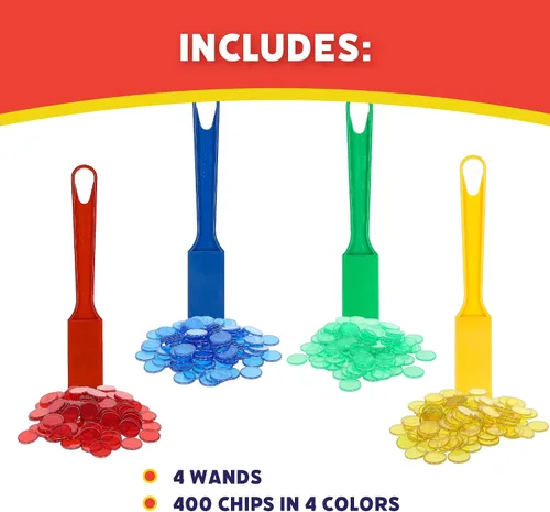 Miniatura 4 de POPULAR PLAYTHINGS Varitas magnéticas de bingo con 400 fichas de metal, juego de 4 varitas coloridas para juegos de aula, actividades educativas