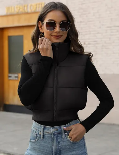 Miniatura 2 de Gihuo Chaleco acolchado recortado para mujer, sin mangas, chaqueta acolchada, chaleco acolchado para invierno, con cremallera completa, abrigo ligero