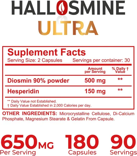 Miniatura 6 de Hallosmine Ultra Diosmin 500mg Hesperidin 150mg, 180 cápsulas + crema para piernas gratis 4 onzas Suplemento de circulación de piernas y apoyo