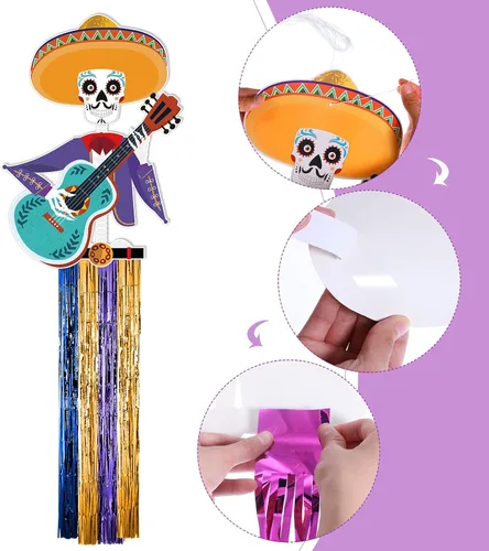 Miniatura 3 de TaoBary Juego de 15 decoraciones del Día de los Muertos de 34 pulgadas, decoración colgante de calavera de azúcar de 16.4 pies, pancartas de papel