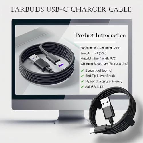 Miniatura 5 de Cable de carga USB C para Samsung Galaxy A14 5G, A23, A13, A54, A34, A03S, A04e, A04s, A04, A80, A70, A71, A60, A50, A40, A30, A20e, A20, A8, A8s