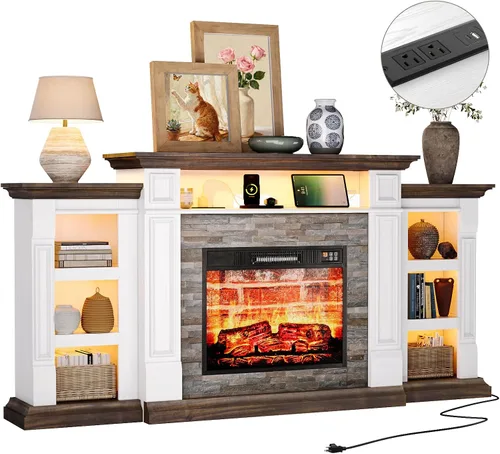 Soporte de TV con chimenea de 72 pulgadas con toma de corriente y LED, chimenea eléctrica con repisa, centro de entretenimiento con almacenamiento