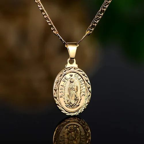 Miniatura 4 de Barzel Collar de cadena de 0.118 in bañado en oro de 18 quilates marineroMarina 060 3MM con colgante de encanto de Virgen María Guadalupe, Metal