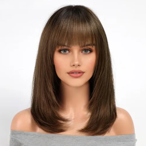 Miniatura 17 de KKU Pelucas de cabello humano de 16 pulgadas para mujer, peluca de cabello lacio en capas con flequillo, realismo natural, pelucas de cabello real