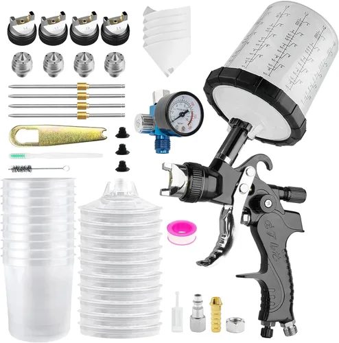 HVLP - Kit de pistola pulverizadora con 10 vasos de pintura desechables de 22.0 fl oz, boquillas de 1.4/1.7/2.0/0.098 in, kit de pistola de pintura