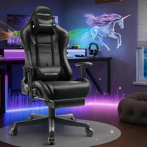 GTPLAYER Silla de juegos con altavoces, sillas de videojuegos con reposapiés para adultos, silla reclinable ergonómica para computadora de PC para