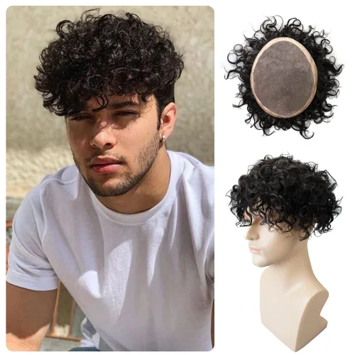 Miniatura 8 de Lordhair Mens Weave 6 * 8 "unidad de cabello humano negro 0.787 in rizado sistema de cabello para hombre con 1" PU recubierto perímetro toupee