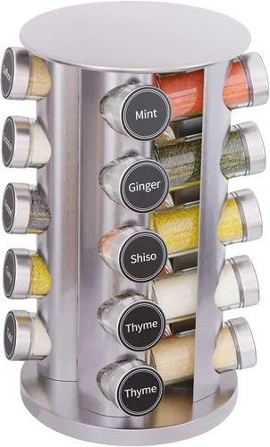 Miniatura 7 de Juego de estante giratorio para especias con 20 tarros de especias, organizador de torre de especias de cocina para encimera o gabinete. Madera