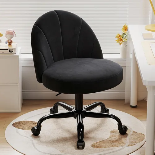 Miniatura 16 de Silla de tocador de terciopelo con ruedas, silla giratoria de maquillaje de altura ajustable, silla de escritorio pequeña sin brazos para Blanco